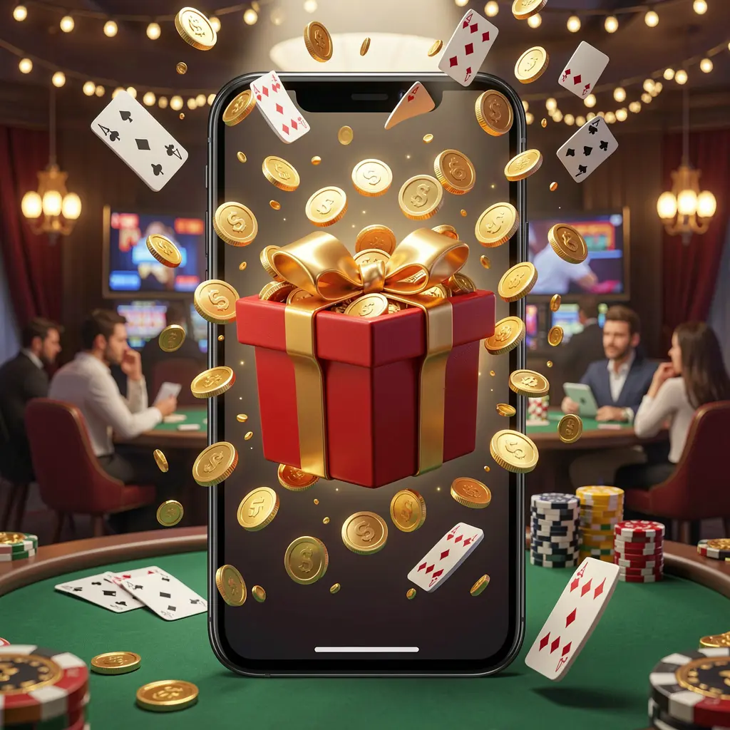 11ONIX mobile casino bonus app concept showing a phone screen with a gift box and coins bursting out in a festive casino atmosphere