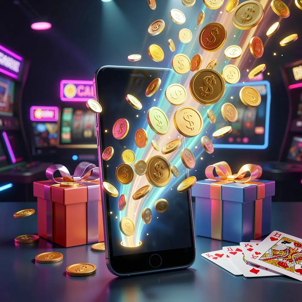 11ONIX mobile casino bonus banner showing a smartphone with coins bursting from the screen, a gift box and playing cards nearby, all illuminated by a bright neon glow in a premium realistic 3D render