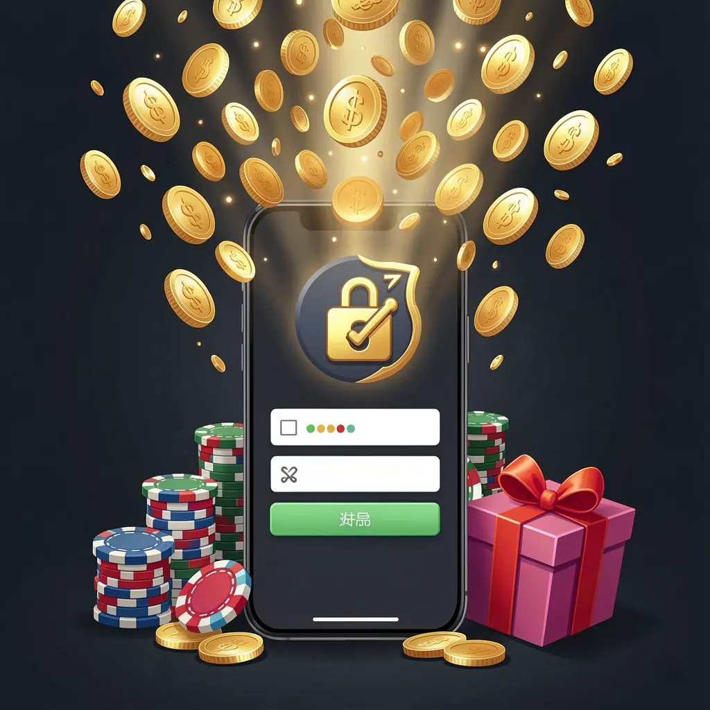 11ONIX casino user login illustration showing a phone with secure access icon, golden coins bursting from the screen, poker chips and a gift box nearby on a dark premium background