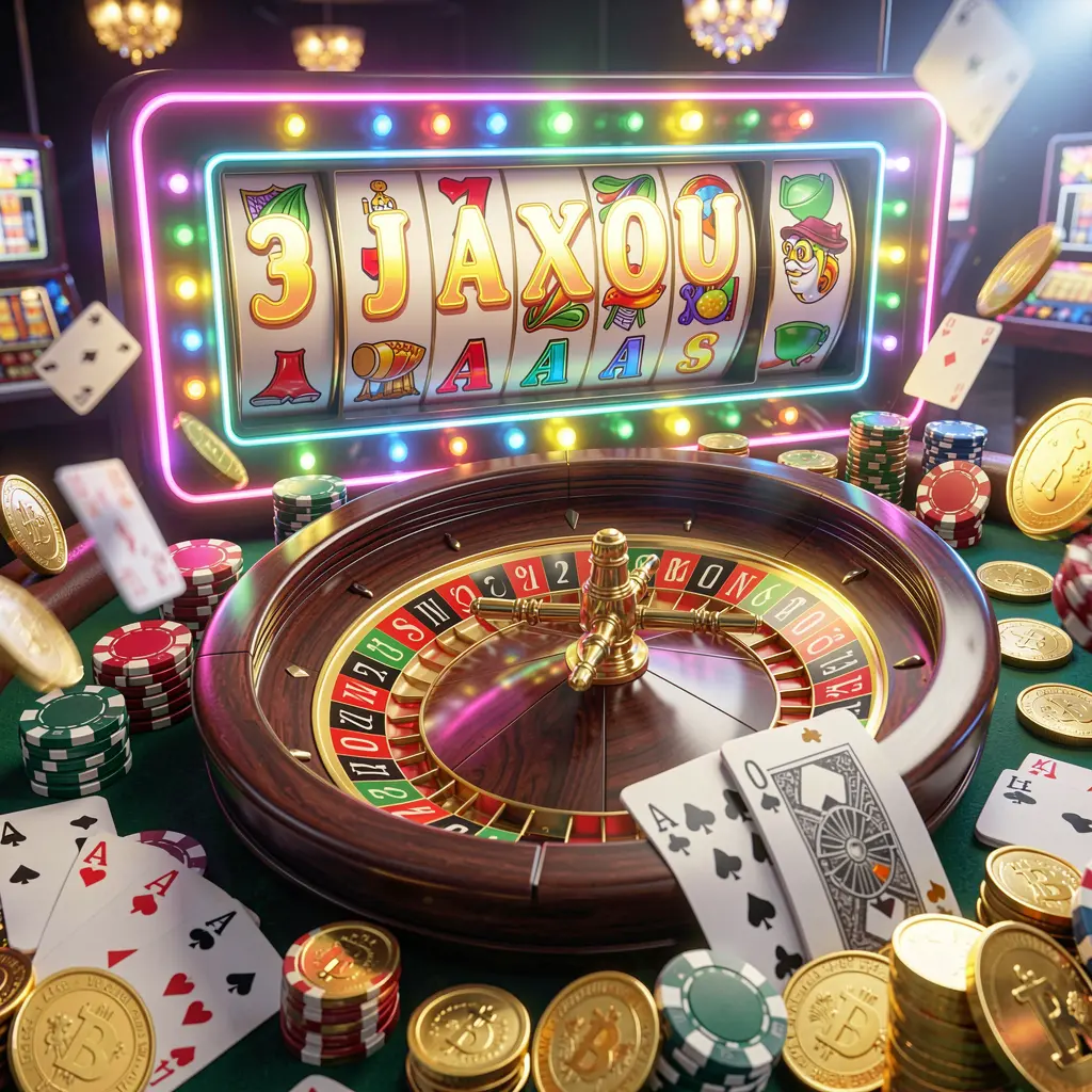 11ONIX casino homepage visual featuring a dynamic composition of jackpot lights, roulette wheel, poker chips, playing cards, and golden coins with bright neon glow in a realistic 3D render